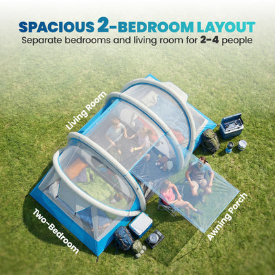 Outsunny Inflatable Tent 2 Bedroom 3000mm Waterproof Windproof Air Tent with Carry Bag for 4 Person 