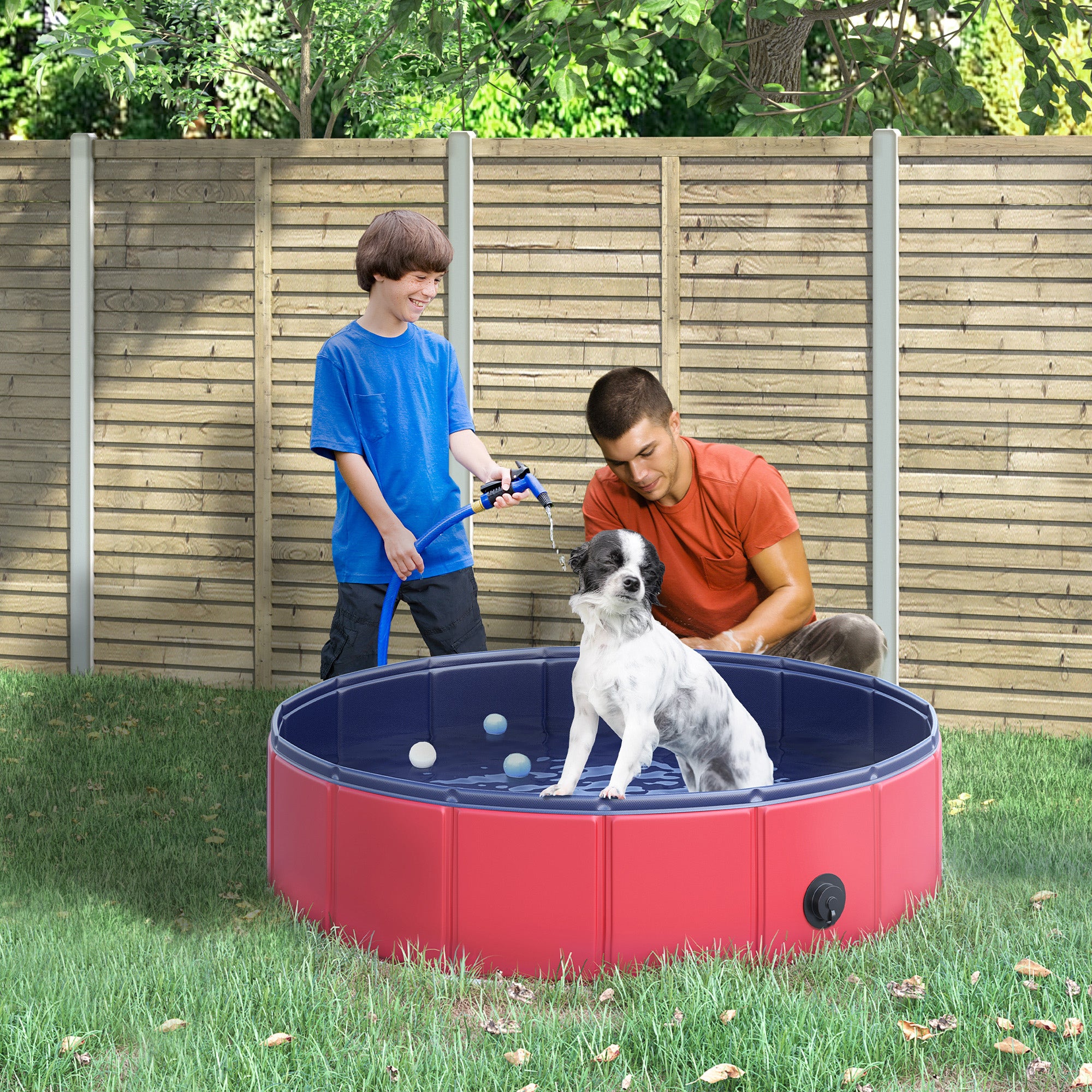 PawHut Foldable Dog Paddling Pool Pet Cat Swimming Pool Indoor/Outdoor Collapsible Summer Bathing Tub Shower Tub Puppy Washer (Φ80 × 20H cm, Red) 