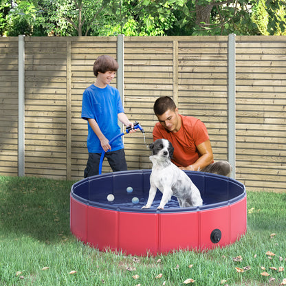 PawHut Foldable Dog Paddling Pool Pet Cat Swimming Pool Indoor/Outdoor Collapsible Summer Bathing Tub Shower Tub Puppy Washer (Φ80 × 20H cm, Red) 