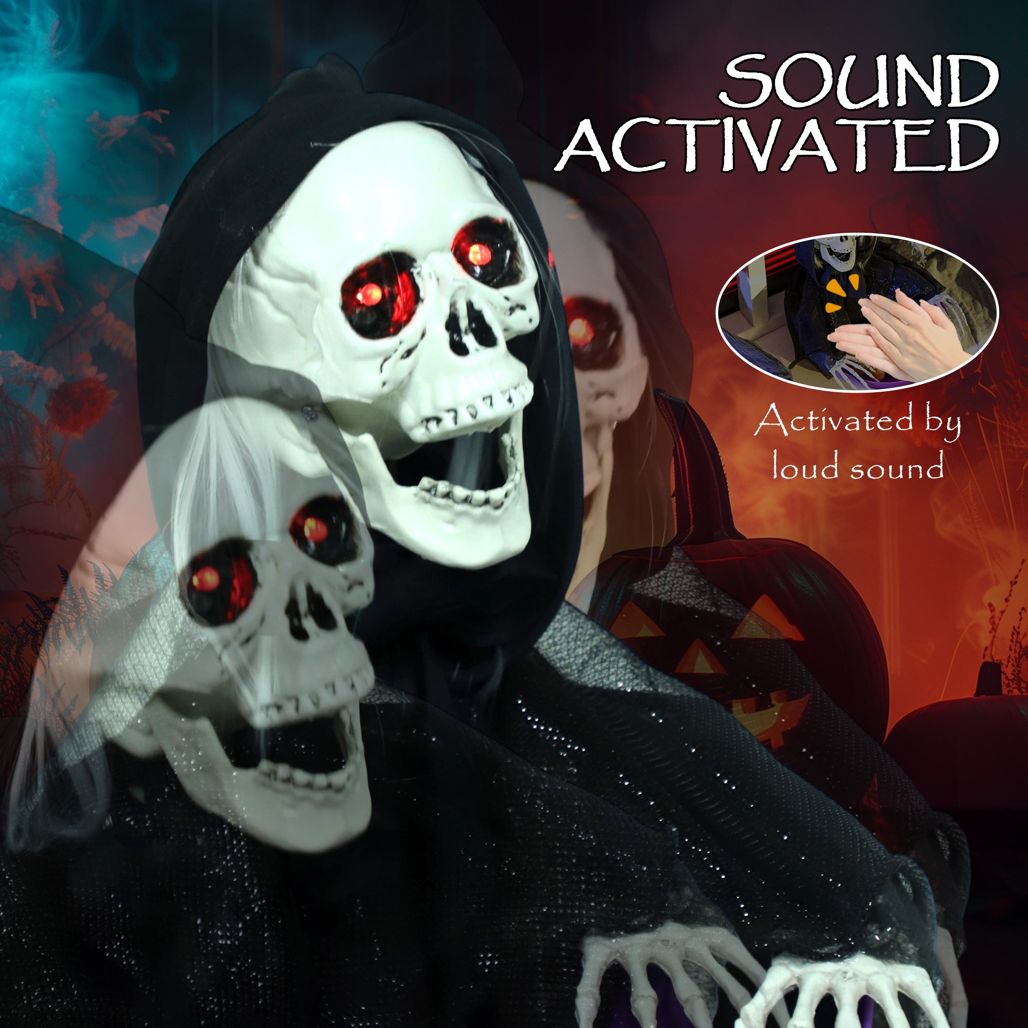 Outsunny 2pcs Animated Halloween Skull Bowl, Skeleton Ghost Skull Candy Dish with LED Eyes, Moving Body and Creepy Sound for Party Decoration, Festival Haunted Houses