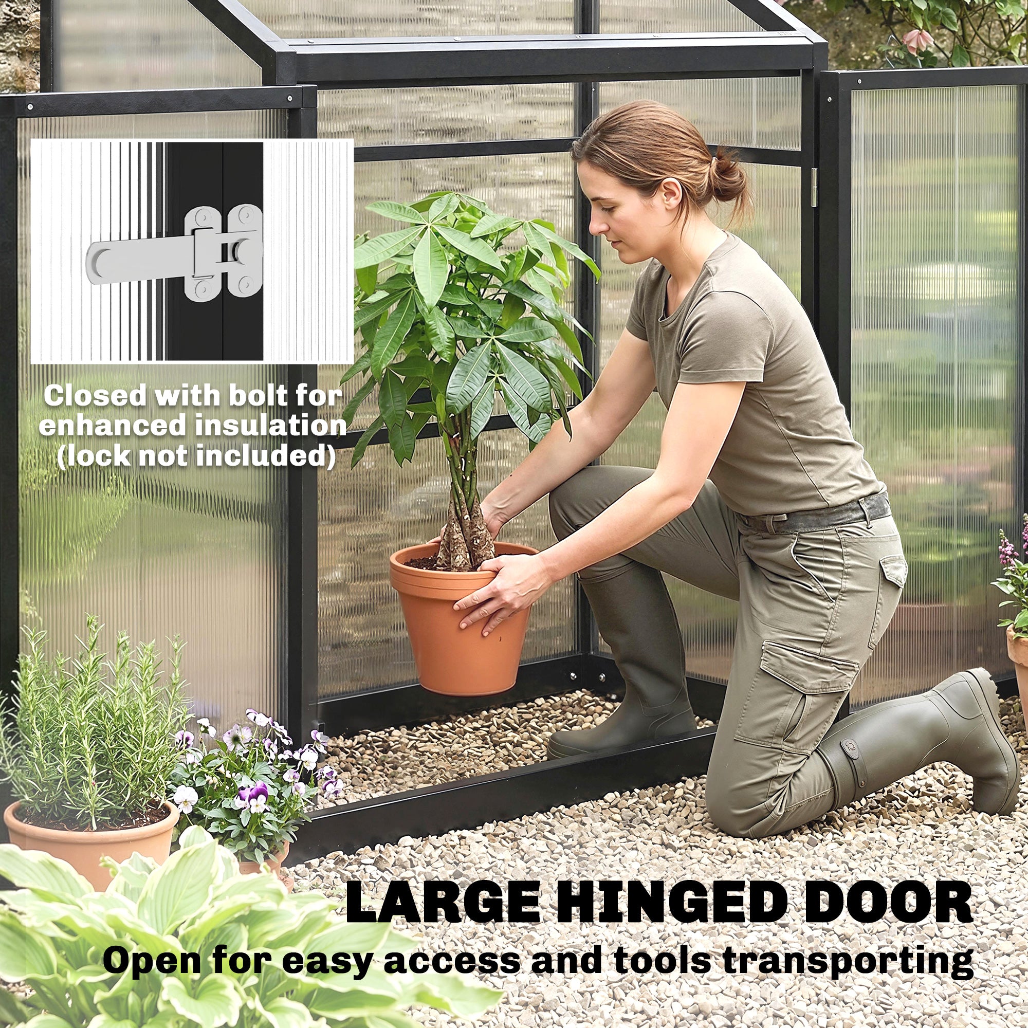 Outsunny Polycarbonate Greenhouse with Hinged Door, Top Vent, Lean-to Green House, Walk-in Greenhouse, 4 x 2ft, Black 