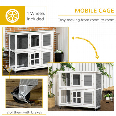 PawHut Wooden Rabbit Hutch, Two-Tier Guinea Pig Cage, with Removable Tray, Wheels 