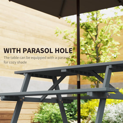 Outsunny 4 Seater Wooden Picnic Table Bench for Outdoor Garden or Patio with Parasol Cutout 150 cm Grey 