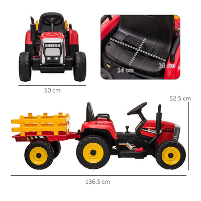 HOMCOM Ride On Tractor, Battery Powered Electric Car, with Detachable Trailer, Remote Control, Music - Red 