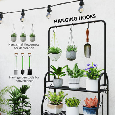 Outsunny 3 Tier Plant Stand with Hanging Rod and Hooks, Metal Plant Rack Shelf, Ladder Flower Pot for Indoor Outdoor Porch Balcony Living Room Bedroom, Black 