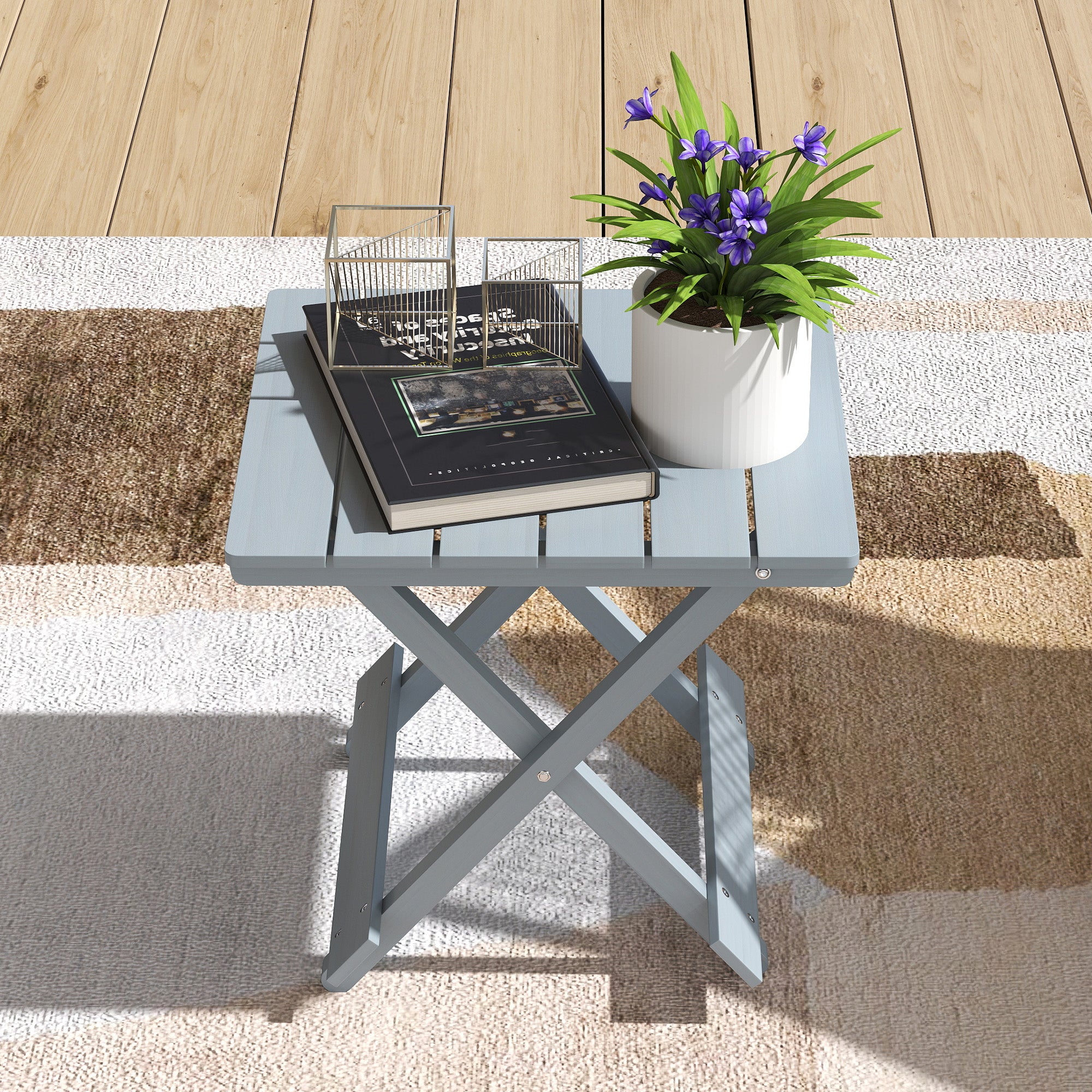 Outsunny Fir Wood Folding Coffee Table, Lightweight Small Garden Table with Slatted Top, Portable Folding Side Table for Balcony 