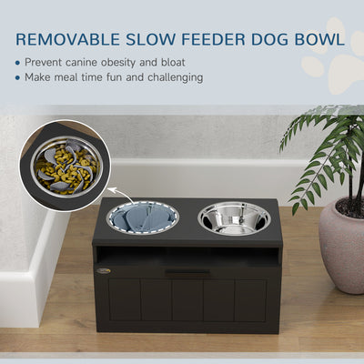 PawHut Raised Dog Bowl with Slow Feeder & 2 Stainless Steel Dog Bowl, 25L Storage Drawer, for Large & Extra Large Dogs, Black 