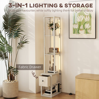 HOMCOM Floor Lamp with Shelves, LED Column Modern Standing Lamp with Fabric Drawer, Adjustable Brightness, Foot Switch for Living Room, Bedroom, Office, Oak 