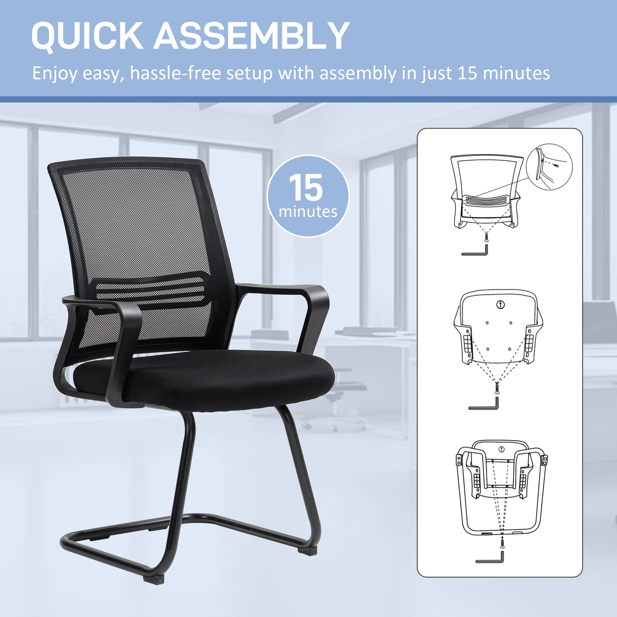 HOMCOM Ergonomic Desk Chair No Wheels, Padded Meeting Office Chair with Sled Base for Home Conference Room, Bedroom, Waiting, Reception, Black 