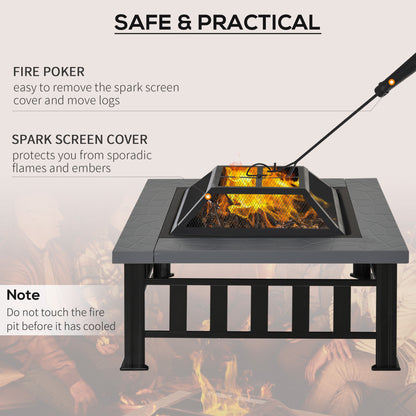 Outsunny Metal Large Firepit Outdoor Square Fire Pit Brazier w/ Rain Cover, Lid, Log Grate, Poker for Backyard, Camping, BBQ, Bonfire, Wood Burning Stove, 86 x 86 x 54cm, Black 