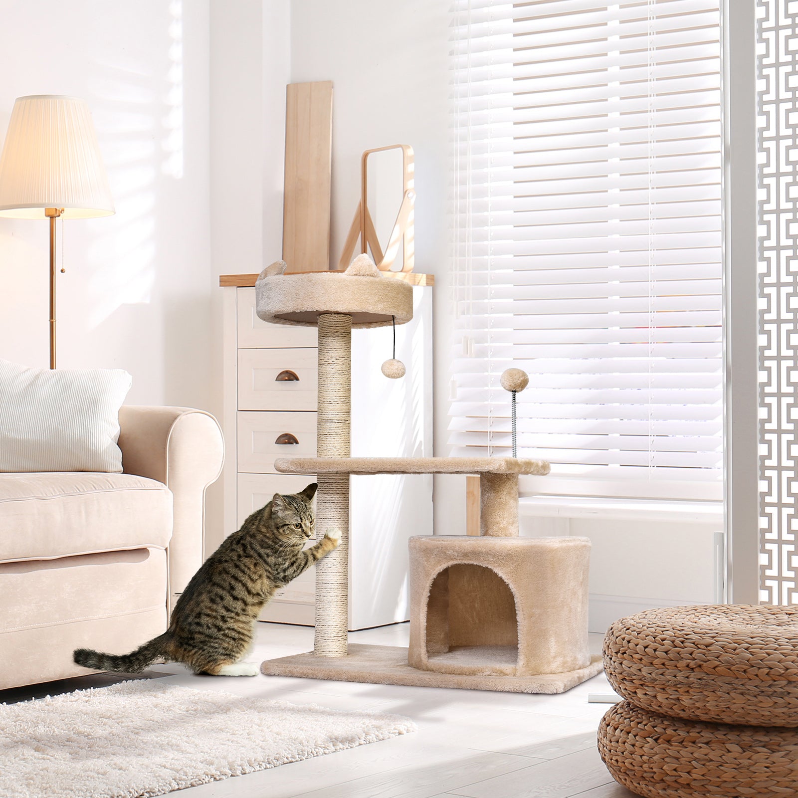 PawHut Cat Tree for Indoor Cats with Scratching Post Climbing Tower Kitty Activity Centre Condo Perch Jumping Platforms Beige 60L x 40W x 81H cm 