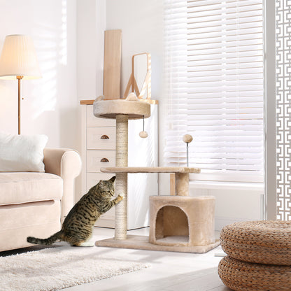 PawHut Cat Tree for Indoor Cats with Scratching Post Climbing Tower Kitty Activity Centre Condo Perch Jumping Platforms Beige 60L x 40W x 81H cm 