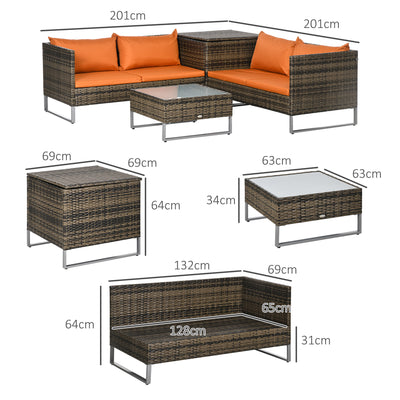 Outsunny Four-Piece Rattan Sofa Set, with Storage Table - Orange/Brown 