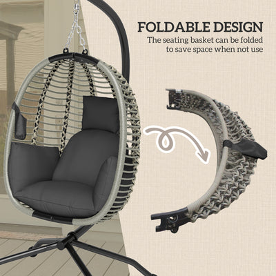Outsunny Outdoor Swing Chair with Thick Padded Cushion, Patio Hanging Chair with Metal Stand, Foldable Basket, Cup Holder, Rope Structure, for Indoor & Outdoor, Dark Grey 