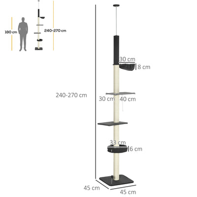 PawHut 240-270cm Floor-To-Ceiling Cat Tree, 5 Tier Cat Climbing Tower, with Bed, Hammock, Platforms, Black and Cream 