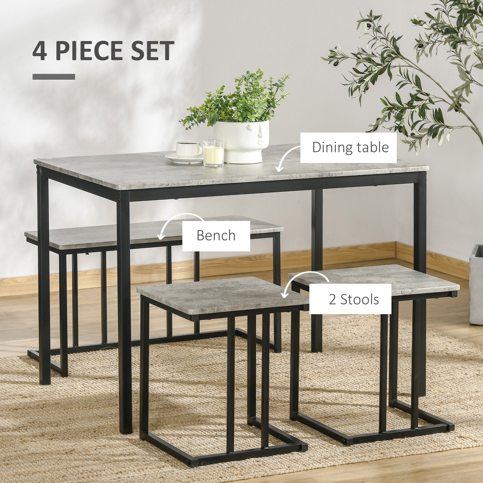 HOMCOM Dining Table and Chairs Set for 4 People, Concrete Effect Kitchen Table and Bench Set with Steel Frame, 4 Piece Dining Room Sets, Grey 