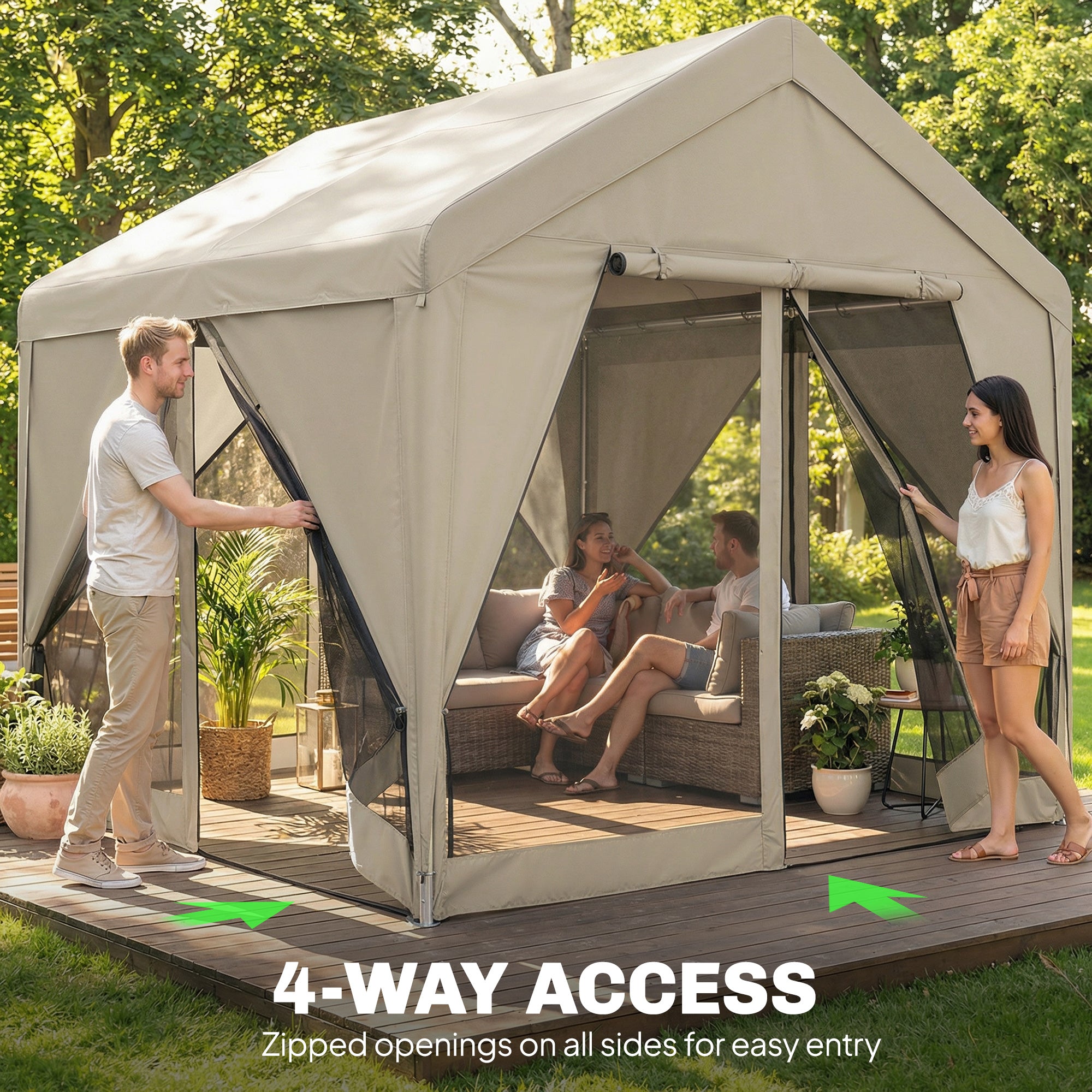 Outsunny 3 x 3 m Patio Gazebo with Netting & Curtains, Outdoor Canopy Shelter with Galvanised Steel Frame, Khaki 