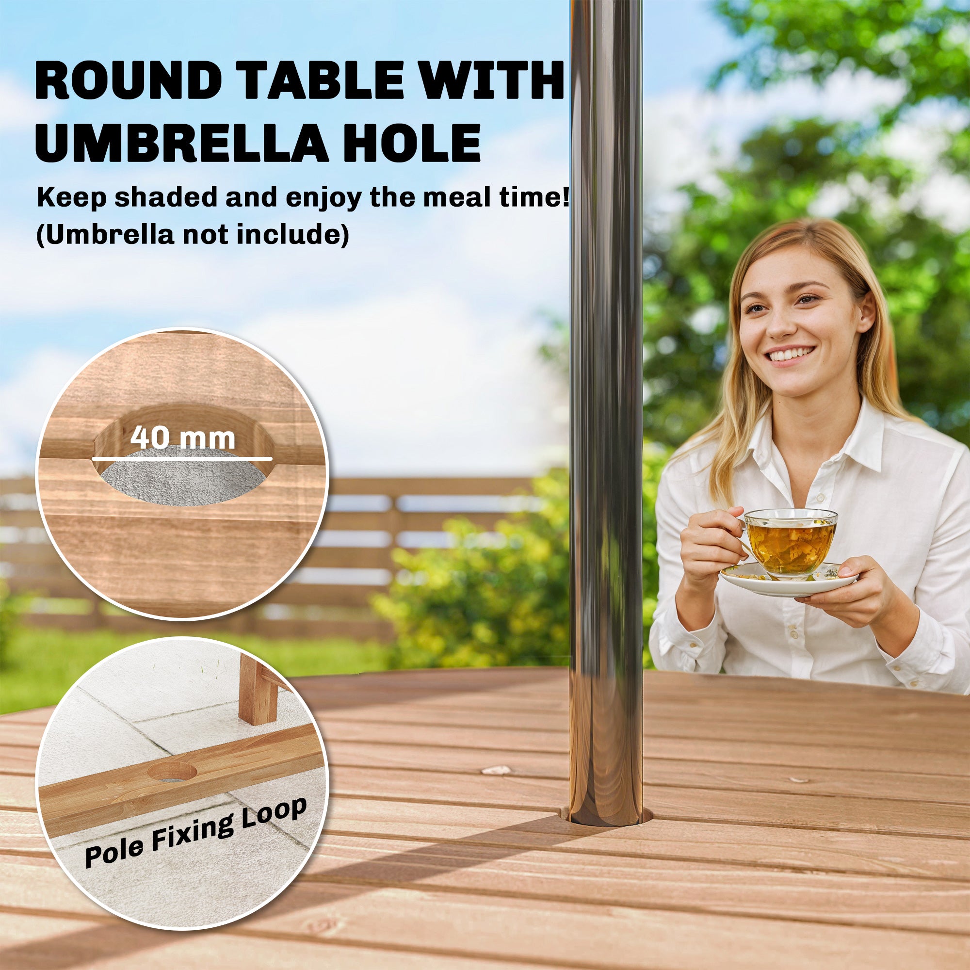Outsunny 5 Pieces Garden Dining Set with Parasol Hole, Round Outdoor Table and Chairs, 4 Seater Wooden Garden Furniture, Natural 
