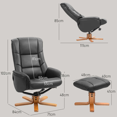HOMCOM Rocking Recliner Chair with Footstool, PU Leather Recliner Armchair with Wood Base, Upholstered Reclining Chair for Living Room Bedroom, Black 