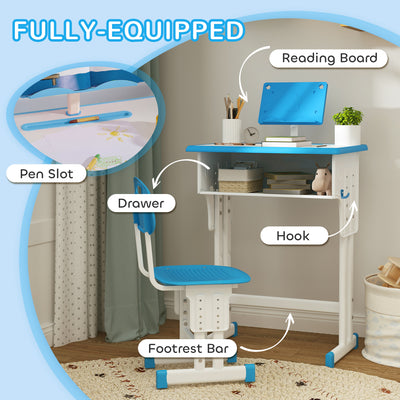 HOMCOM Kids Adjustable Desk and Chair Set, Book Stand, Pen Slot - Blue 