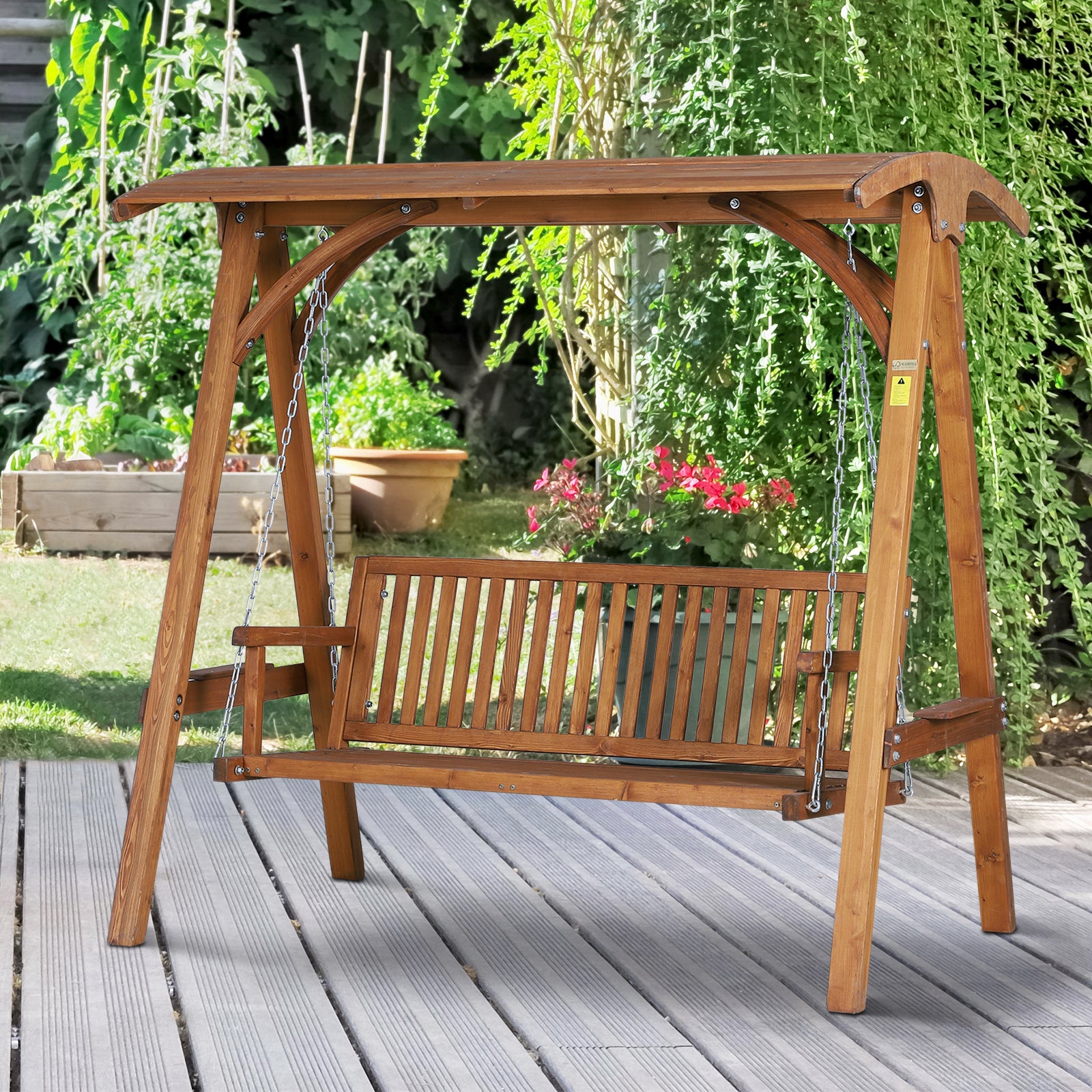 Outsunny 3 Seater Garden Swing Seat Wooden Swing Chair Hammock Bench Lounger with Canopy, Natural 
