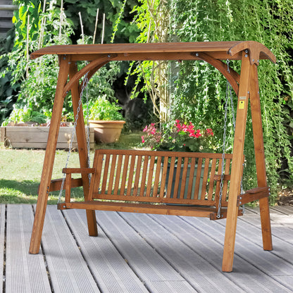 Outsunny 3 Seater Garden Swing Seat Wooden Swing Chair Hammock Bench Lounger with Canopy, Natural 