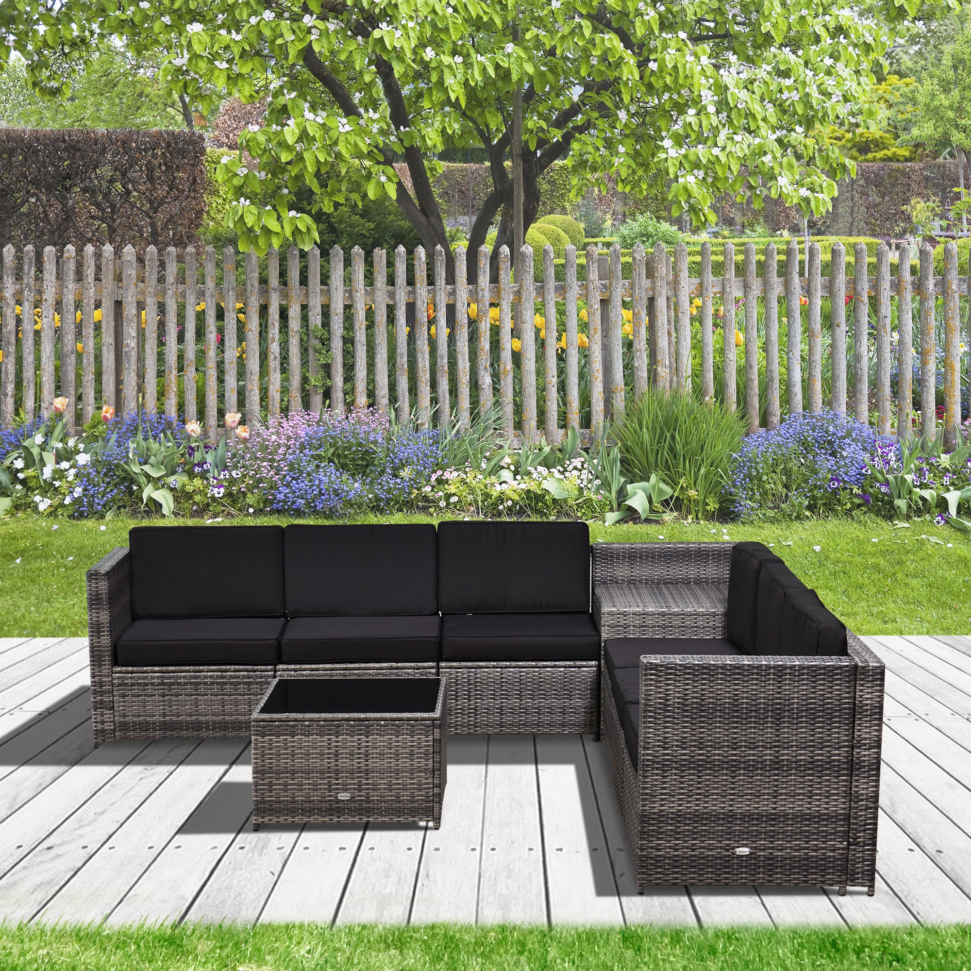 Outsunny 6-Seater Rattan Sofa Furniture Set W/ Cushions, Steel Frame-Grey 