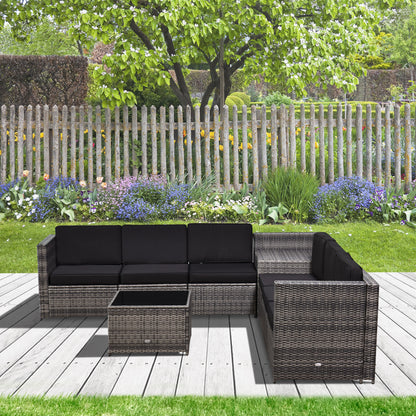 Outsunny 6-Seater Rattan Sofa Furniture Set W/ Cushions, Steel Frame-Grey 