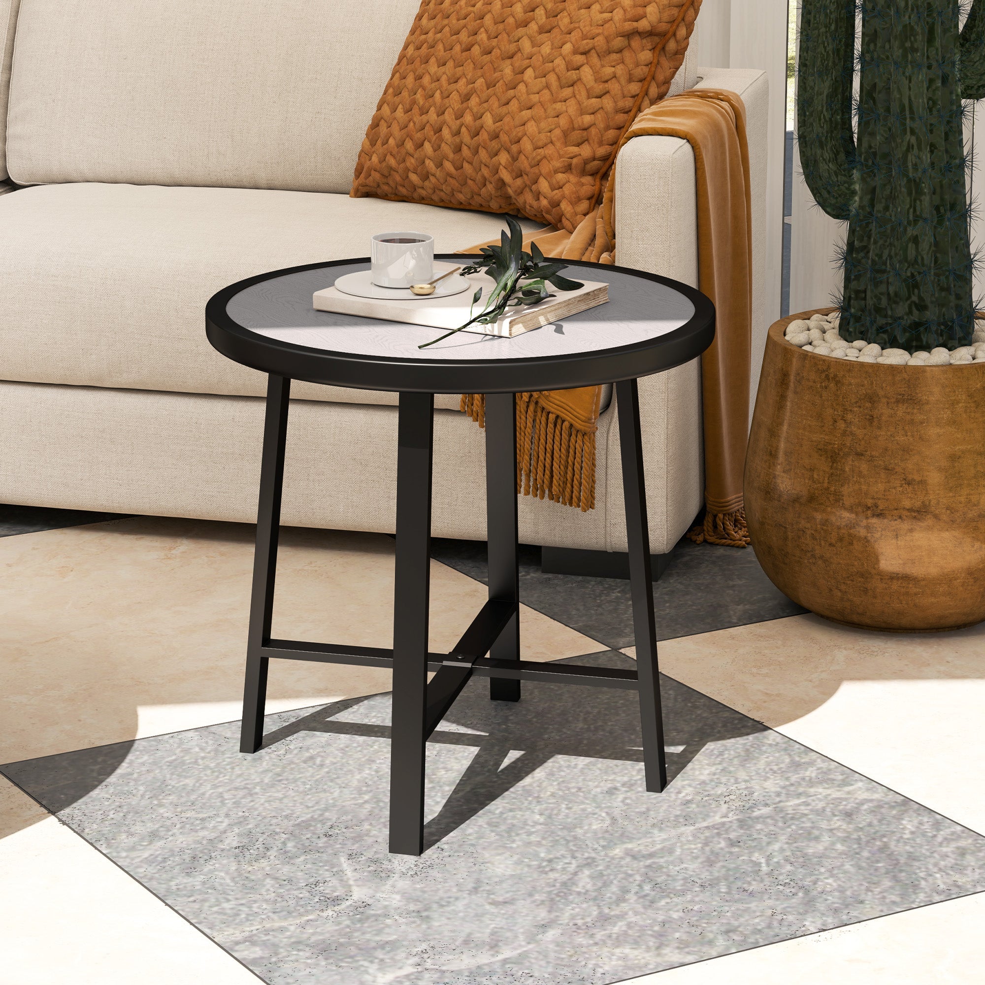 Outsunny Round Small Garden Table, 50.5cm Outdoor Side Table with SPC Tabletop, Metal Frame and Anti-slip Foot Pads for Garden, Balcony, Grey Wood Effect 