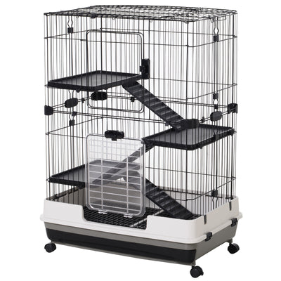 PawHut Four-Tier Small Animal Cage, for Bunnies, Ferrets, Chinchillas w/ Wheels, Tray - Black 