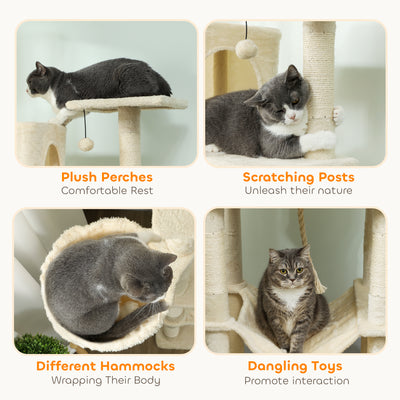 PawHut 202cm Cat Tree with 6 Scratching Posts, 2 Hammocks, 2 Condos, 2 Perches, Pompoms, for Cats to Rest and Play, Beige