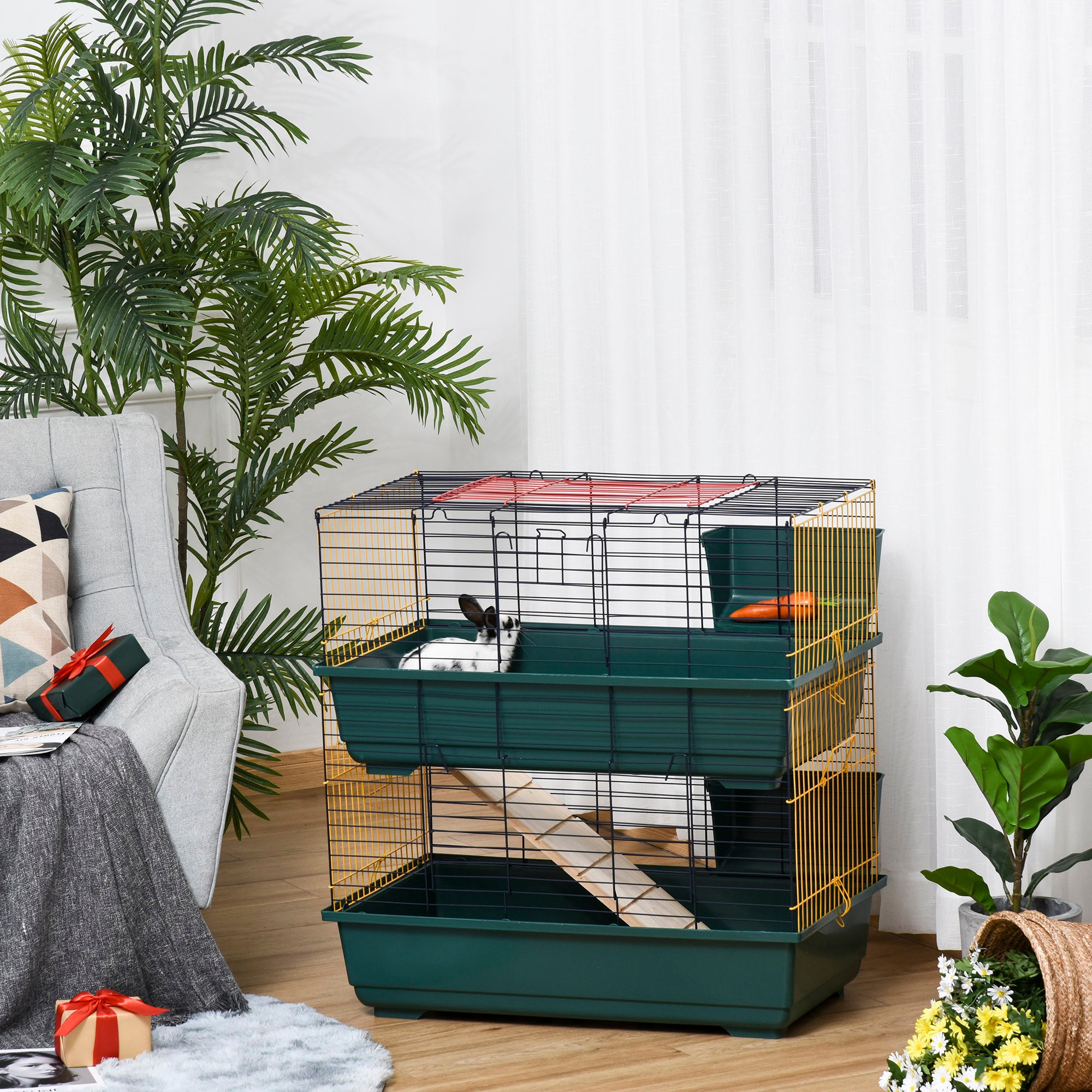 PawHut Indoor Rabbit Guinea Pig Cage Small Animal Cage Two Storey 80 x 44 x 82 cm 