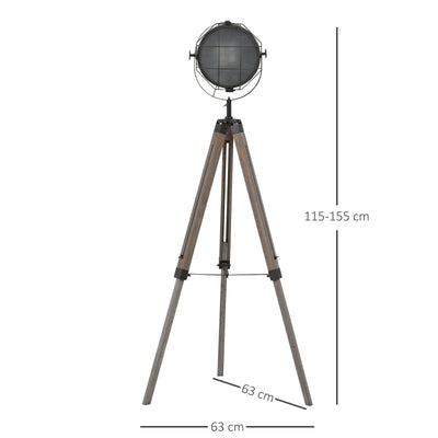 HOMCOM Floor Lamp with Adjustable Tripod for Living Room Bedroom, Vintage Spotlight Reading Lamp with Wood Legs, 115-155cm, Grey 