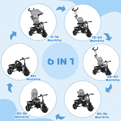 HOMCOM 6 in 1 Kids Trike Push Bike w/ Push Handle, Canopy, 5-point Safety Belt, Storage, Footrest, Brake, for 1-5 Years, Grey 
