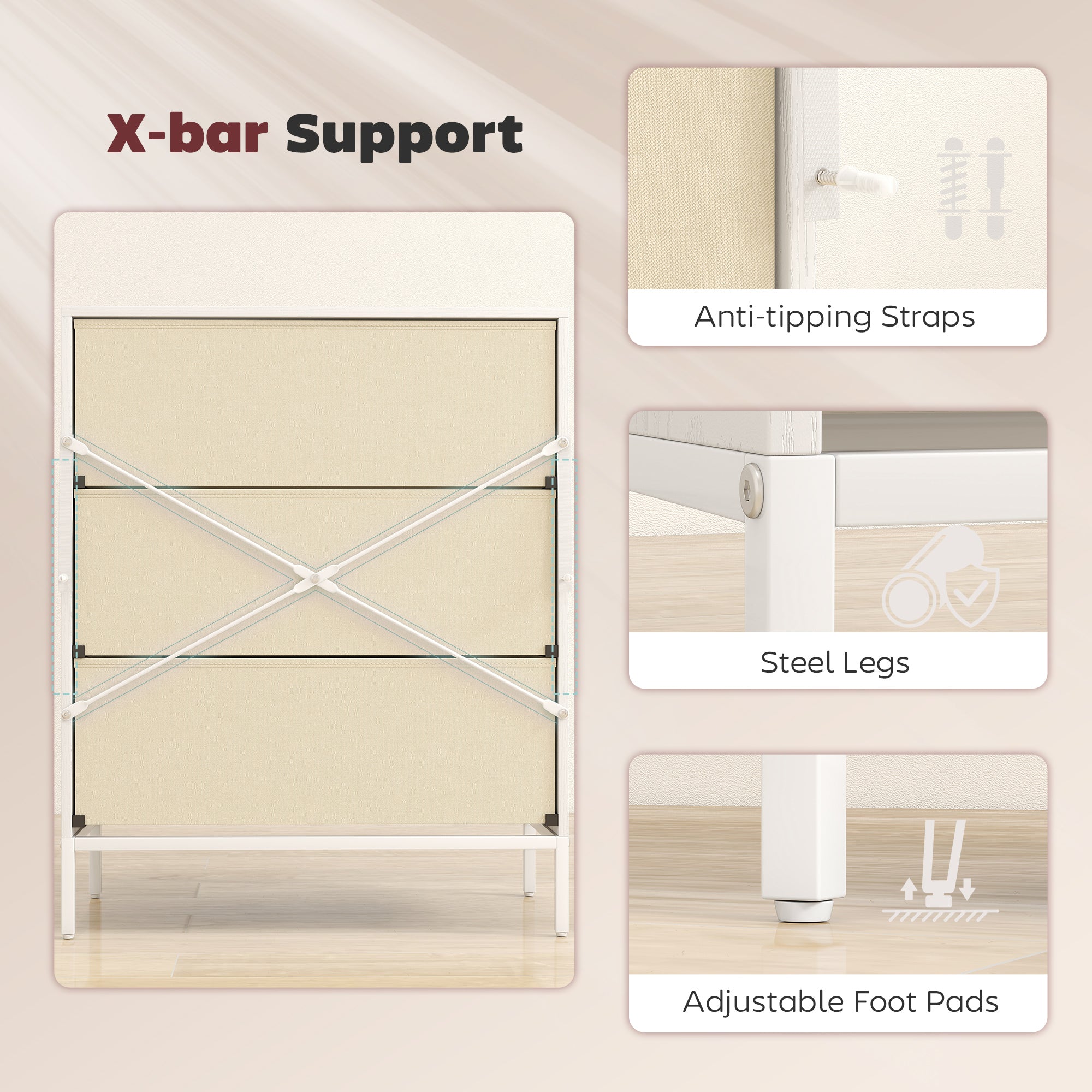 HOMCOM Chest of Drawers, Dresser with 3 Fabric Drawers and Aluminium Handles - White 