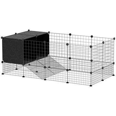 PawHut DIY Small Animal Cage with Elevated Huts, C&C Cage for Guinea Pigs, Hedgehogs, Rabbits, 31 Panels, Black 