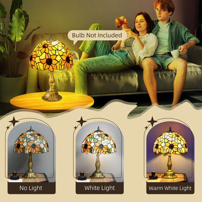 HOMCOM Stained Glass Table Lamp, Handmade Antique Bedside Lamp for Bedroom, Living room, Home, Nightstand, Decorative Night Light, Orange Sunflower 