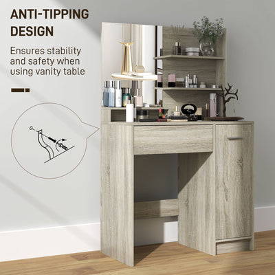 HOMCOM Dressing Table and Stool Set, with Storage - Natural Wood Finish