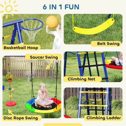 AIYAPLAY 6 in 1 Metal Kids Swing Set with 3 Swings, Climbing Ladder & Net, Basketball Hoop, for Ages 3-8 