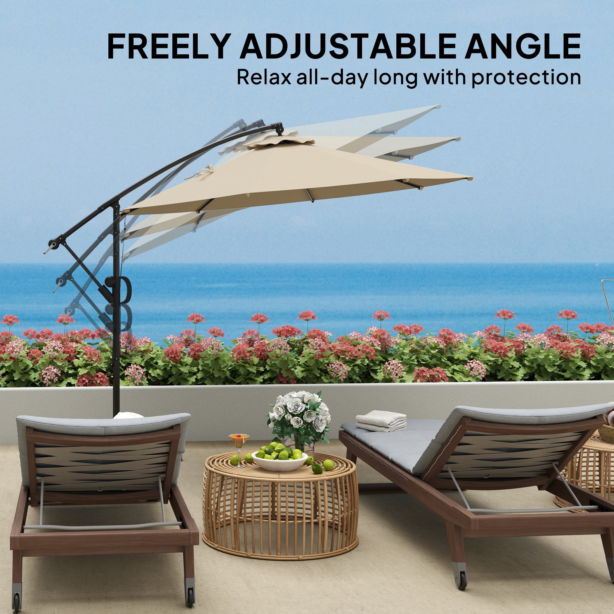 Outsunny 3(m) Garden Cantilever Parasol with Cover and Wind Protection Strap, Round Overhanging Umbrella with Crank Handle and Tilt, Banana Patio Umbrella for Outdoor Sun Shade, UPF50+, Khaki 