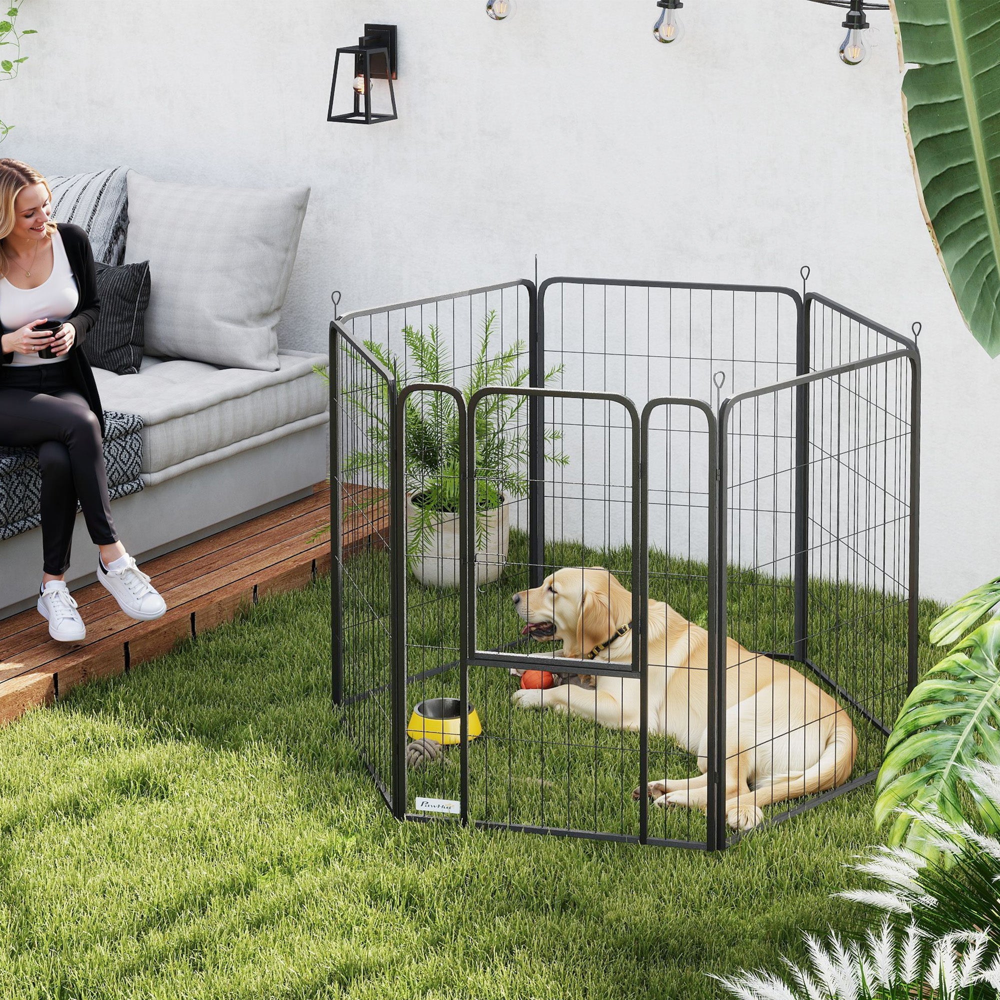 PawHut 6 Panels Heavy Duty Dog Playpen with Secure Door, for Indoor Outdoor, for Garden, Camping, 100cm High 