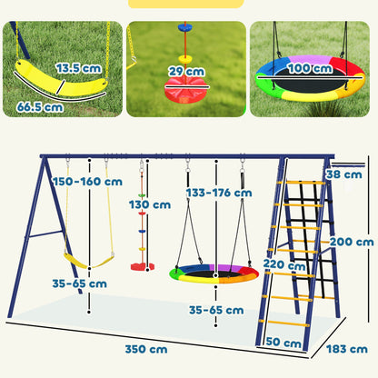 AIYAPLAY 6 in 1 Metal Kids Swing Set with 3 Swings, Climbing Ladder & Net, Basketball Hoop, for Ages 3-8 