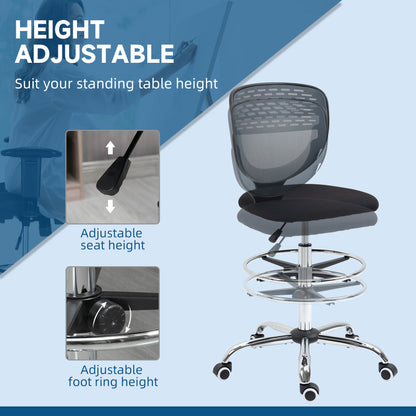 Vinsetto Drafting Chair, Swivel Office Draughtsman Chair, Mesh Standing Desk Chair with Adjustable Foot Ring, Armless, Grey 