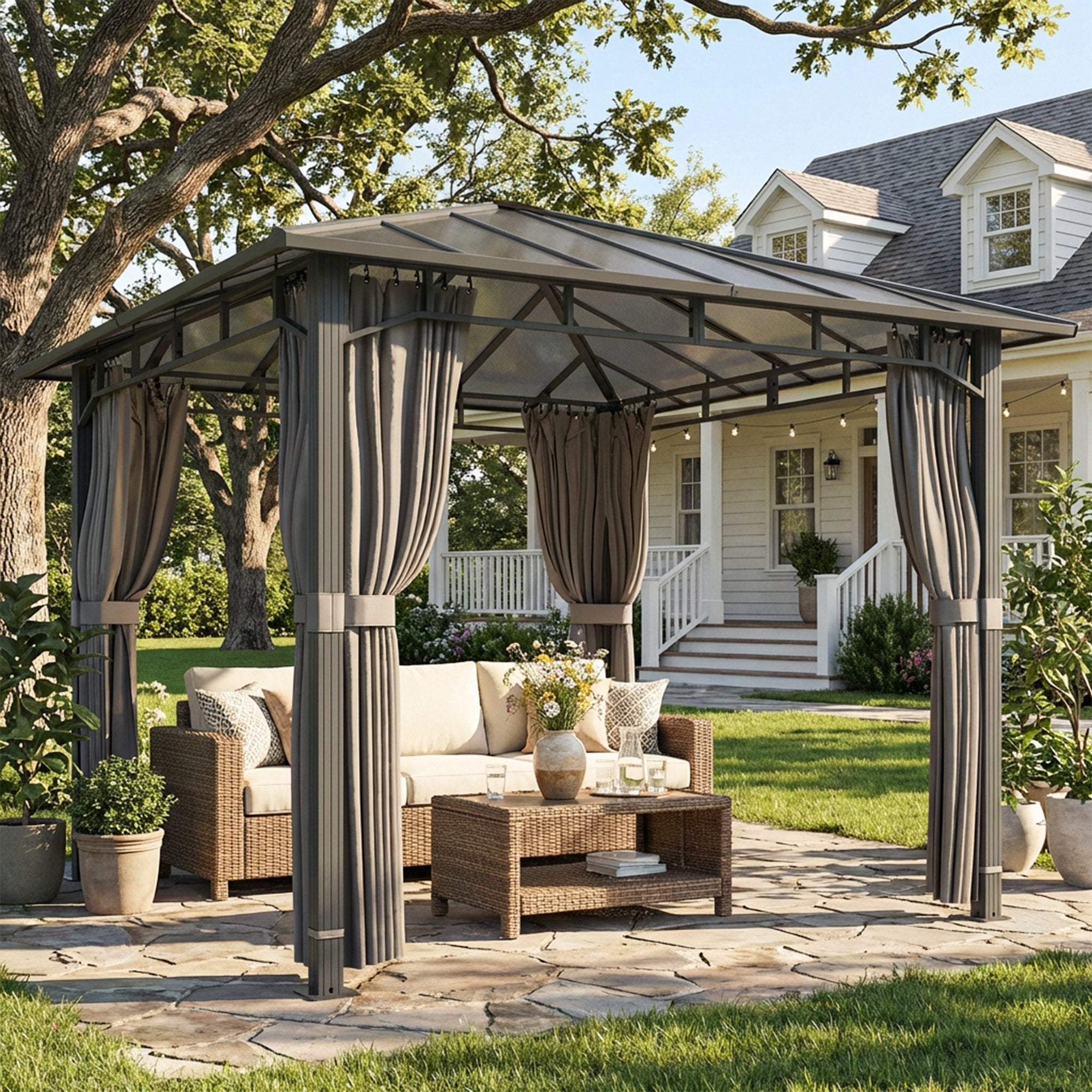 Outsunny 3 x 3 m Outdoor Hardtop Gazebo Canopy with PC Roof, Aluminium Permanent Pavilion Garden Gazebo with Curtains, Tan 
