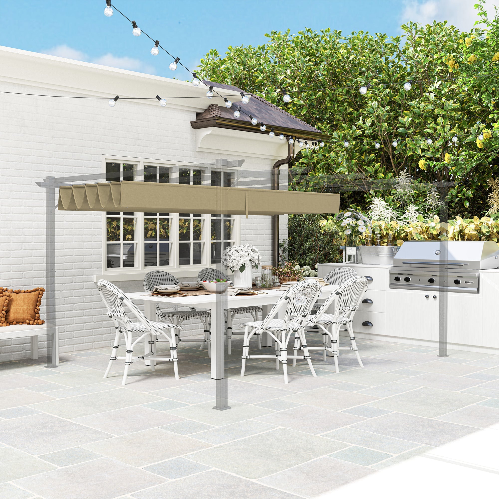 Outsunny Retractable Pergola Shade Cover, Replacement Canopy for 4 x 3 (m) Pergola, Retractable Roof, Tan 
