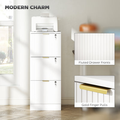 HOMCOM Filing Cabinet, Fluted Vertical File Cabinet with 3 Lockable Drawers and Hanging Rails, White 