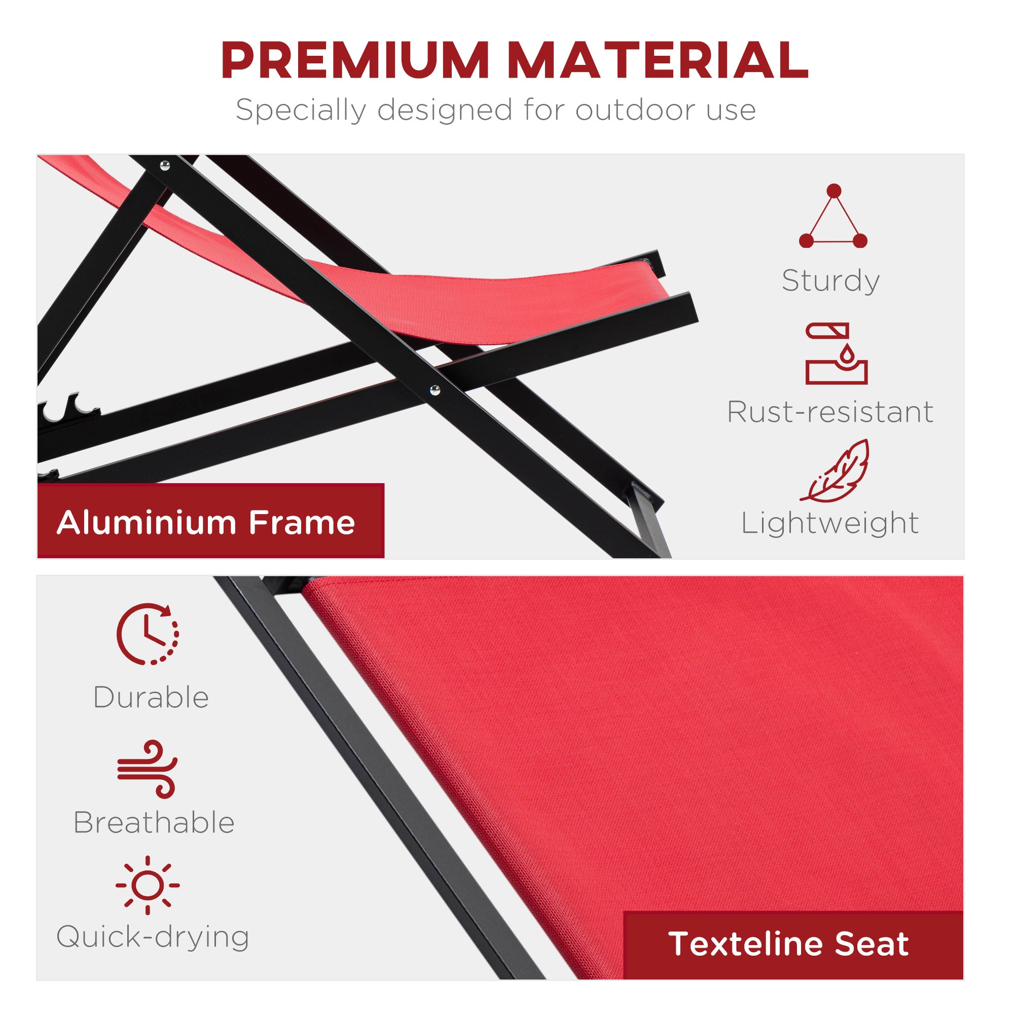 Outsunny Set of 2 Folding Garden Beach Aluminium Frame Deck Chairs Deckchairs Seaside Folding Garden Patio Lounger, Red 