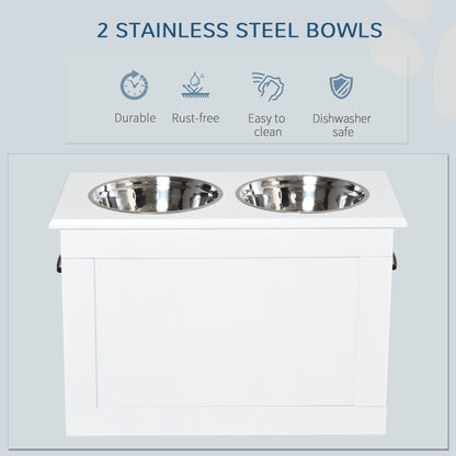 PawHut Raised Dog Bowls, with Storage, Two Stainless Steel Bowls, Elevated Base - White 