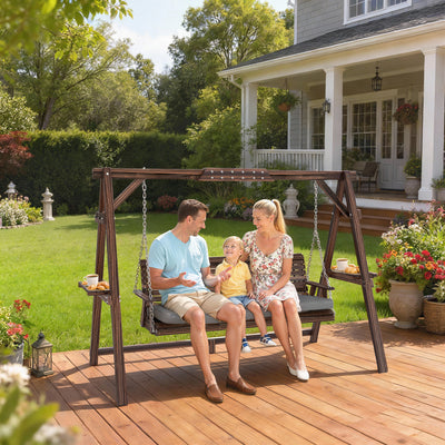 Outsunny 3 Seater Garden Swing Seat, Wooden Swing Chair Bench with Cushion, Side Trays and Metal Chains, for Outdoor Porch Patio, Carbonised Brown 