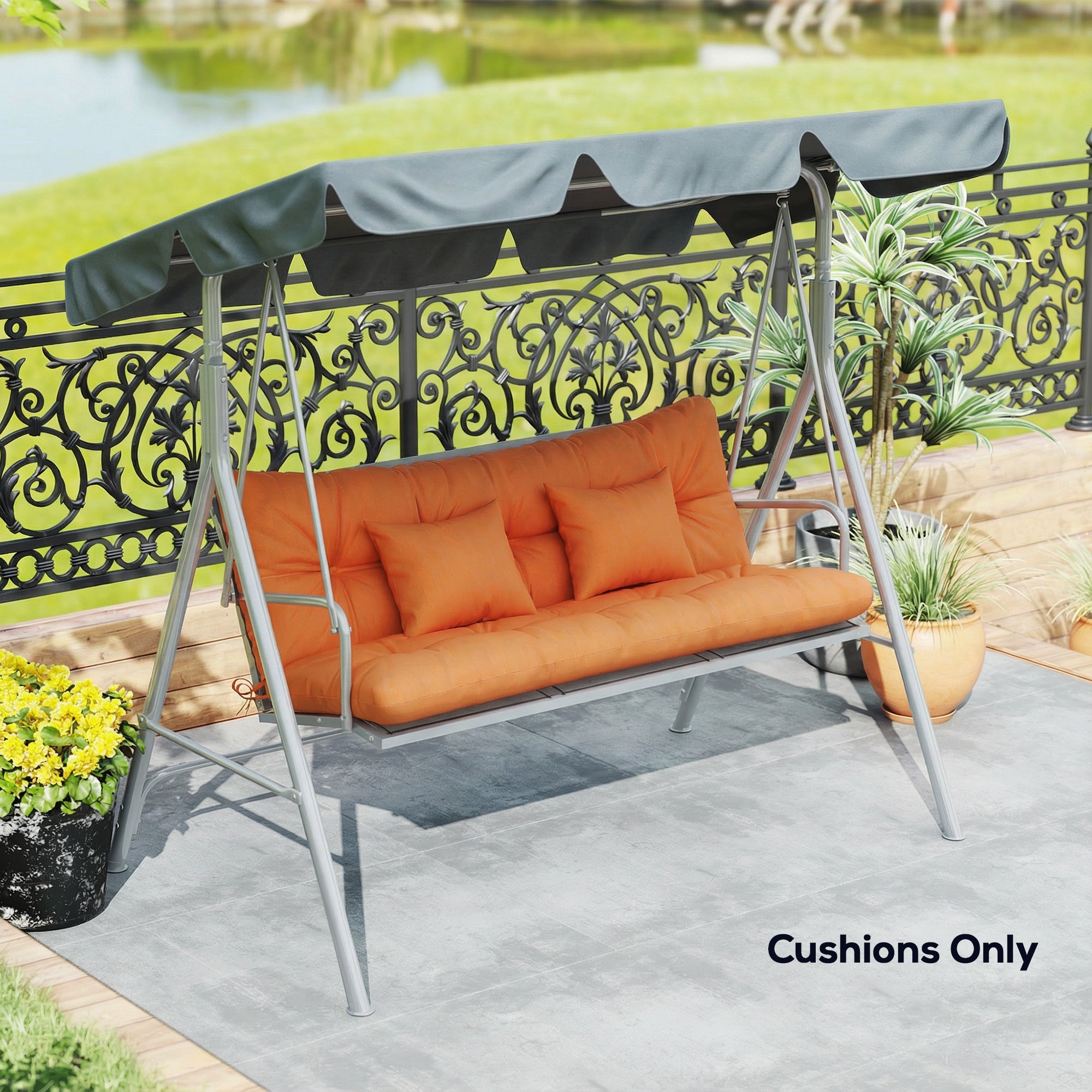 Outsunny Outdoor Seat Cushions Back Cushion with 2 Pillows, Water Repellent Seat Pads for 3-Seater Chair, Orange 